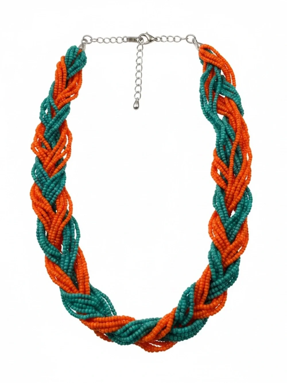 Braided Coral Orange & Teal Blue Beaded Necklace - Adjustable Chain